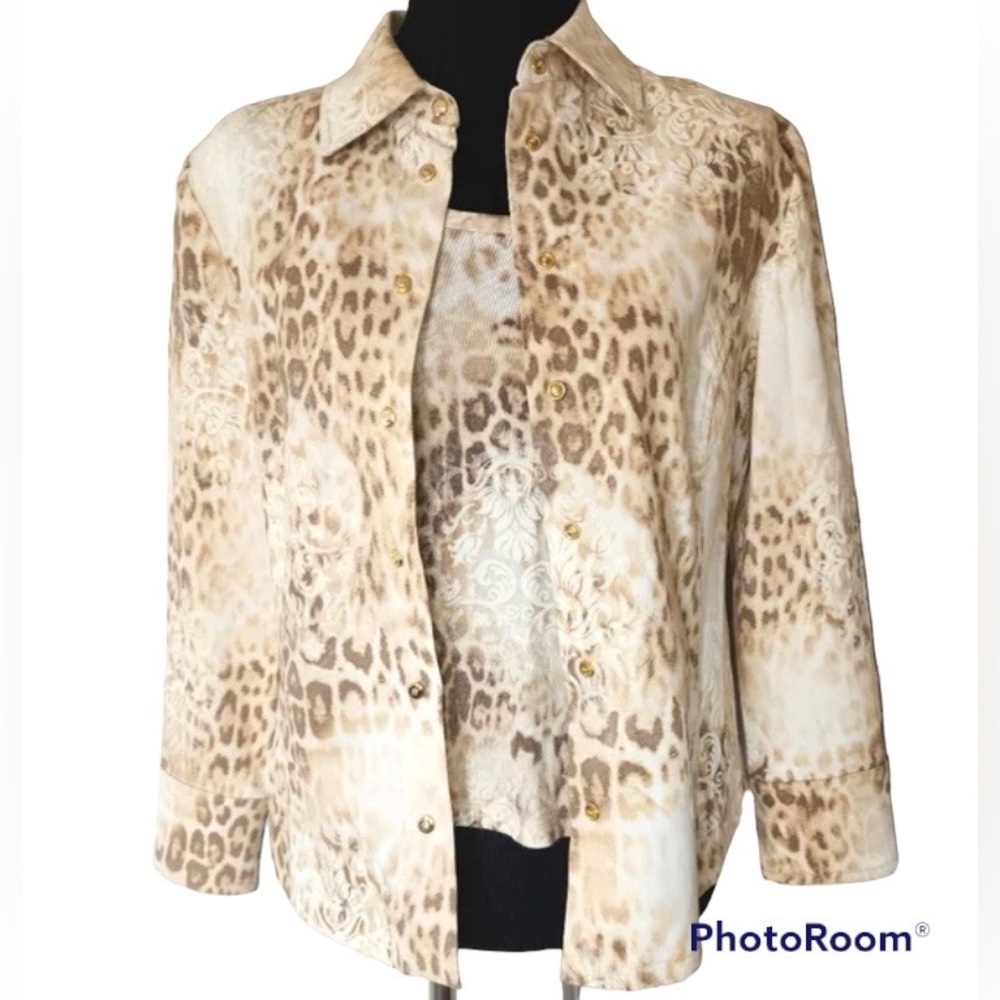St. John Marie Gray Tan,Brown Leopard Print Jacket and Top size S